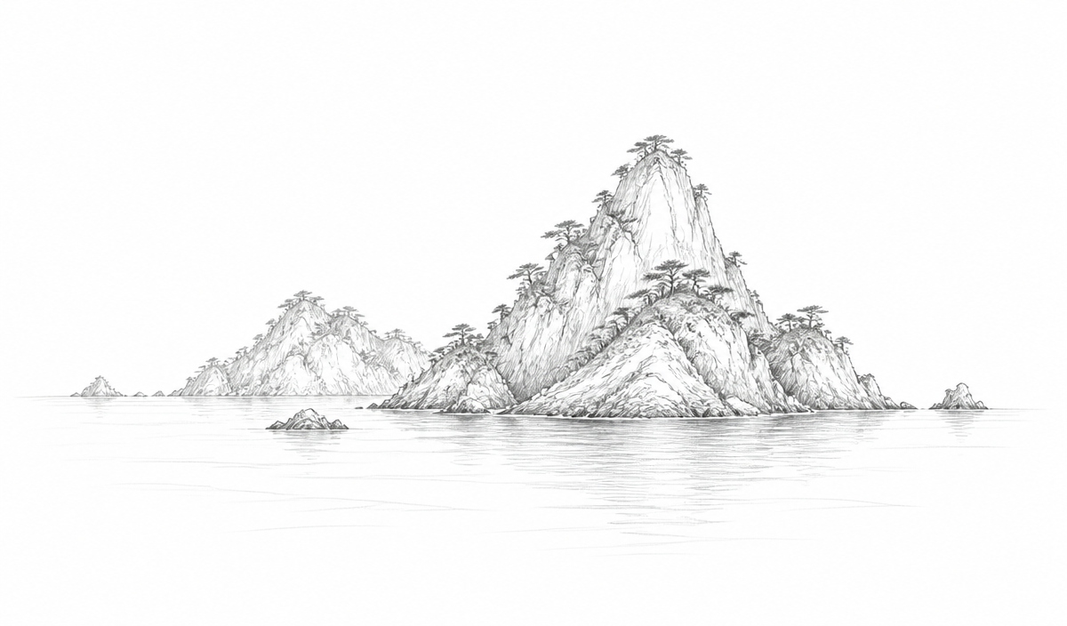 Hand-drawn rocky island archipelago